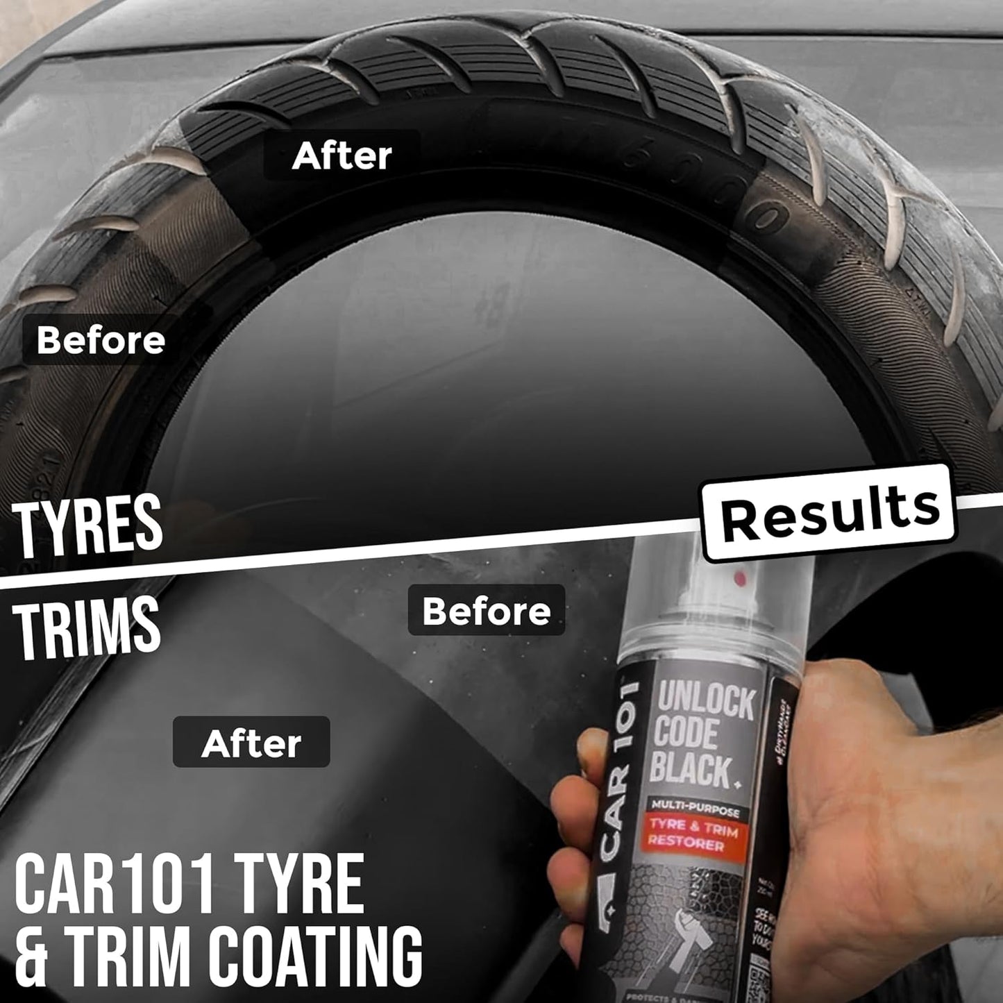 CAR101 Tyre & Trim Restorer | 250ml - Pack of 1| Multi-Purpose Protectant for Plastic, Vinyl & Rubber | Nano Polymers | Revives Faded Exterior Trim & Bumpers | Restores Shine & Prevents Fading