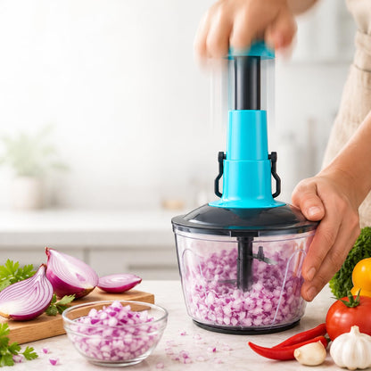 Manual Push Food Chopper 600ml Vegetable Cutter with Stainless Steel Blades, BPA-Free Bowl, Hand Press Onion Chopper, Garlic Mincer, Fruit & Vegetable Dicer, Kitchen Food Processor