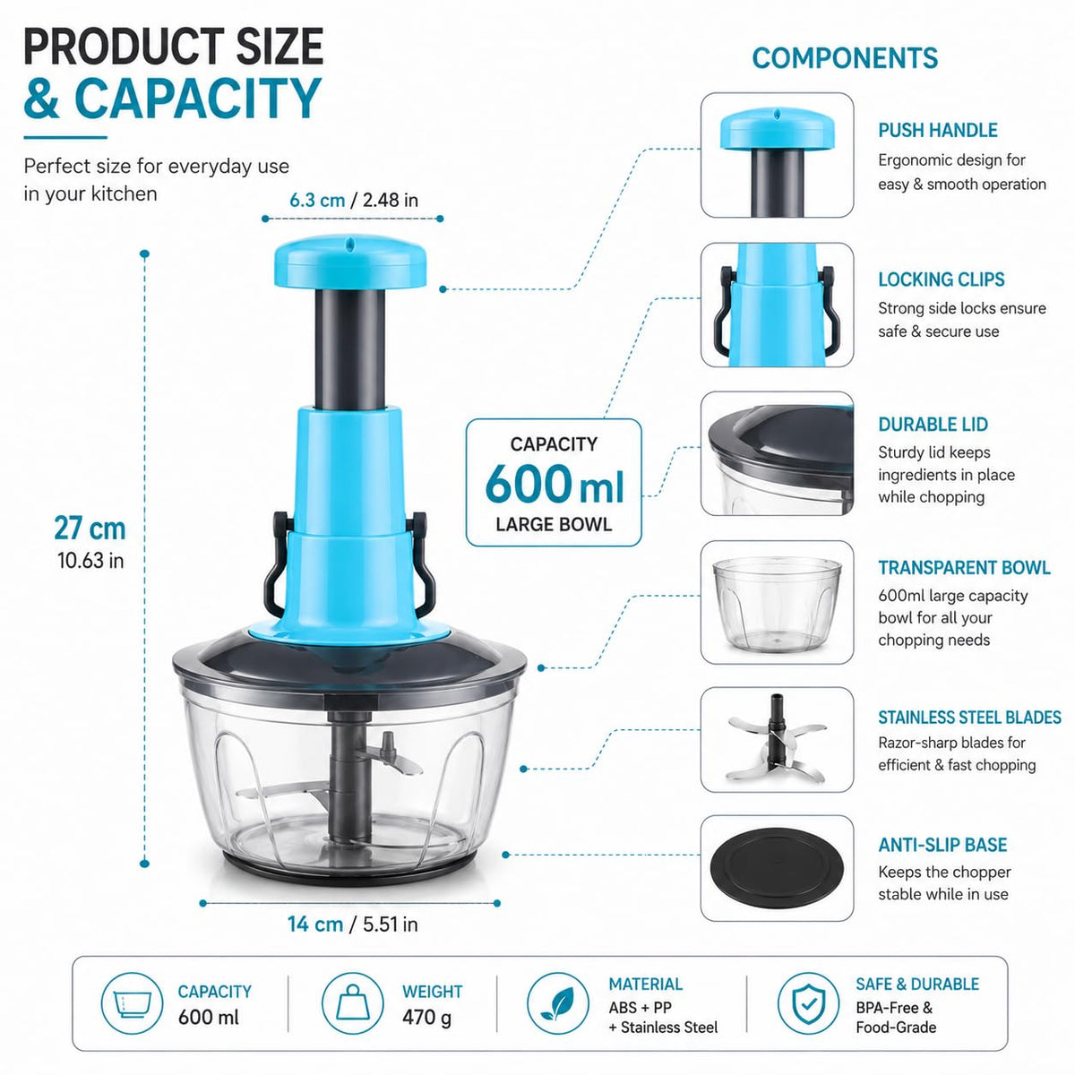 Manual Push Food Chopper 600ml Vegetable Cutter with Stainless Steel Blades, BPA-Free Bowl, Hand Press Onion Chopper, Garlic Mincer, Fruit & Vegetable Dicer, Kitchen Food Processor