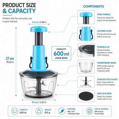 Manual Push Food Chopper 600ml Vegetable Cutter with Stainless Steel Blades, BPA-Free Bowl, Hand Press Onion Chopper, Garlic Mincer, Fruit & Vegetable Dicer, Kitchen Food Processor