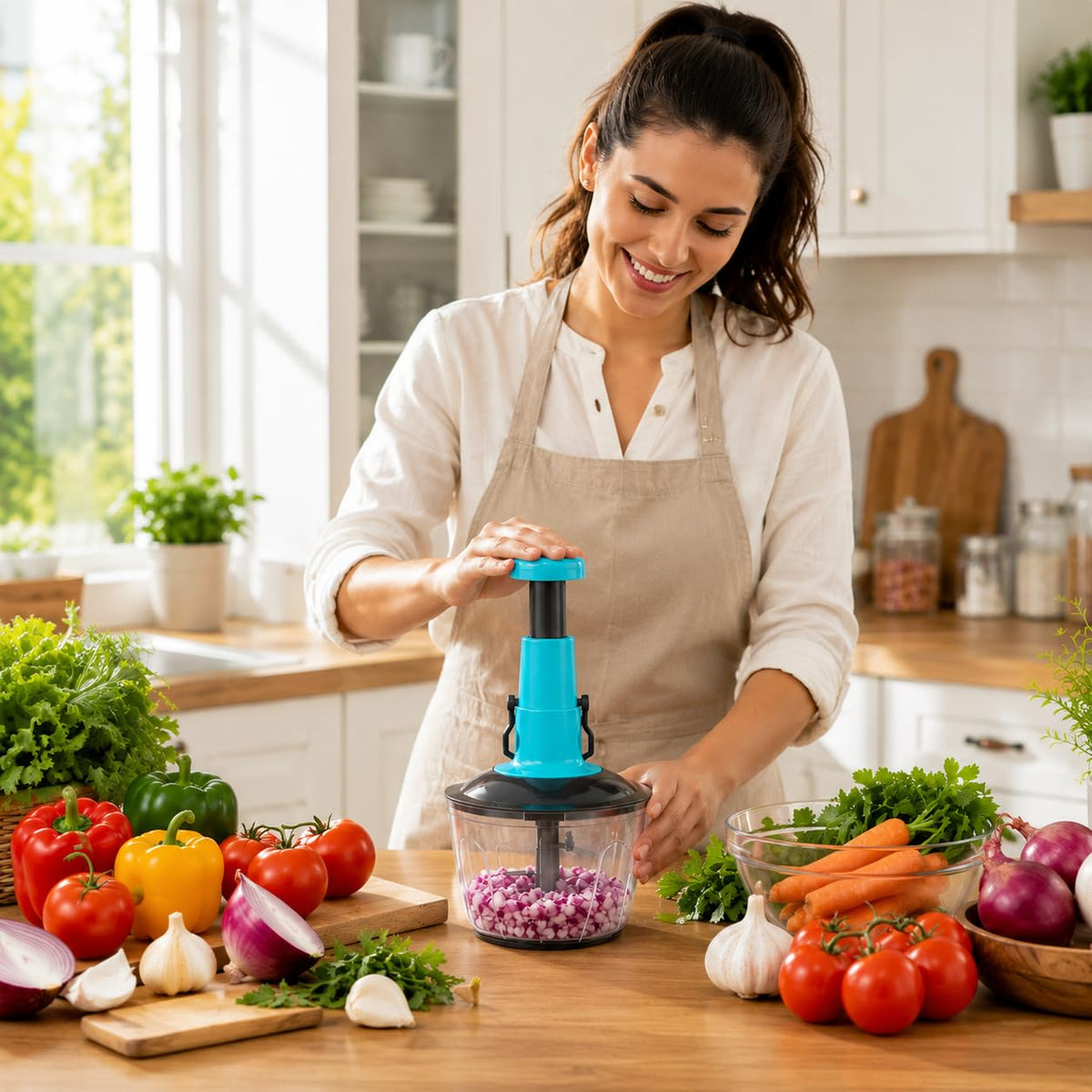 Manual Push Food Chopper 600ml Vegetable Cutter with Stainless Steel Blades, BPA-Free Bowl, Hand Press Onion Chopper, Garlic Mincer, Fruit & Vegetable Dicer, Kitchen Food Processor