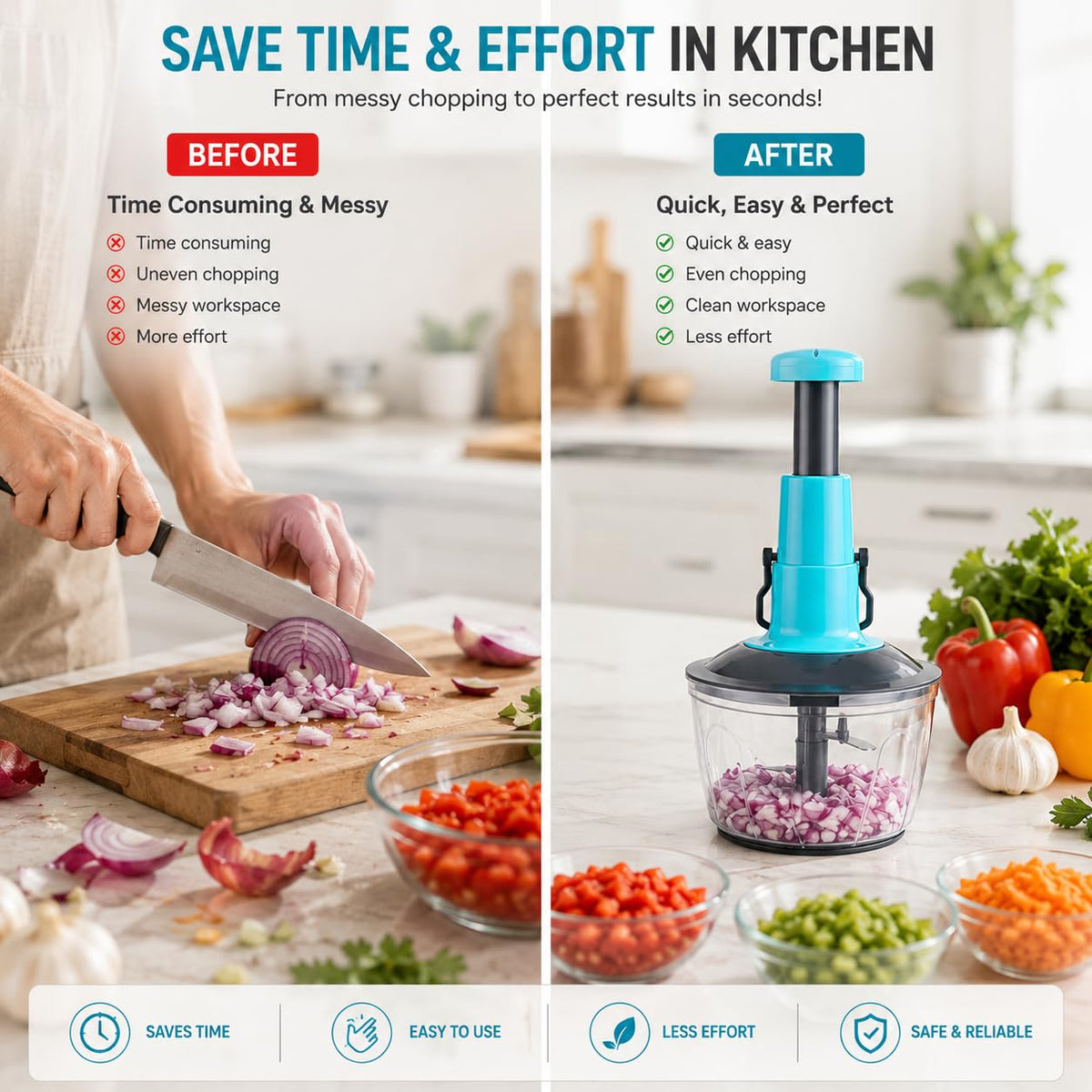 Manual Push Food Chopper 600ml Vegetable Cutter with Stainless Steel Blades, BPA-Free Bowl, Hand Press Onion Chopper, Garlic Mincer, Fruit & Vegetable Dicer, Kitchen Food Processor