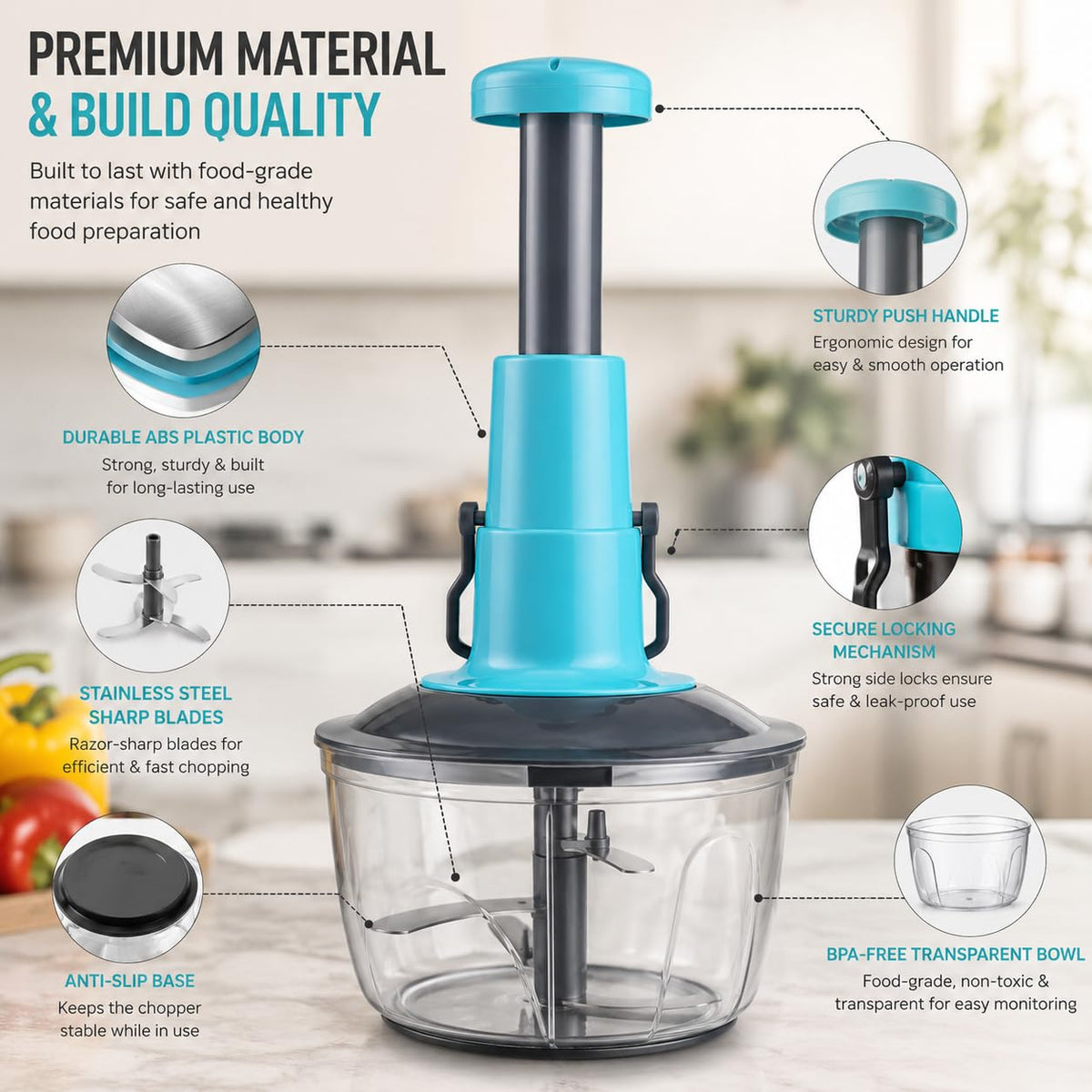 Manual Push Food Chopper 600ml Vegetable Cutter with Stainless Steel Blades, BPA-Free Bowl, Hand Press Onion Chopper, Garlic Mincer, Fruit & Vegetable Dicer, Kitchen Food Processor