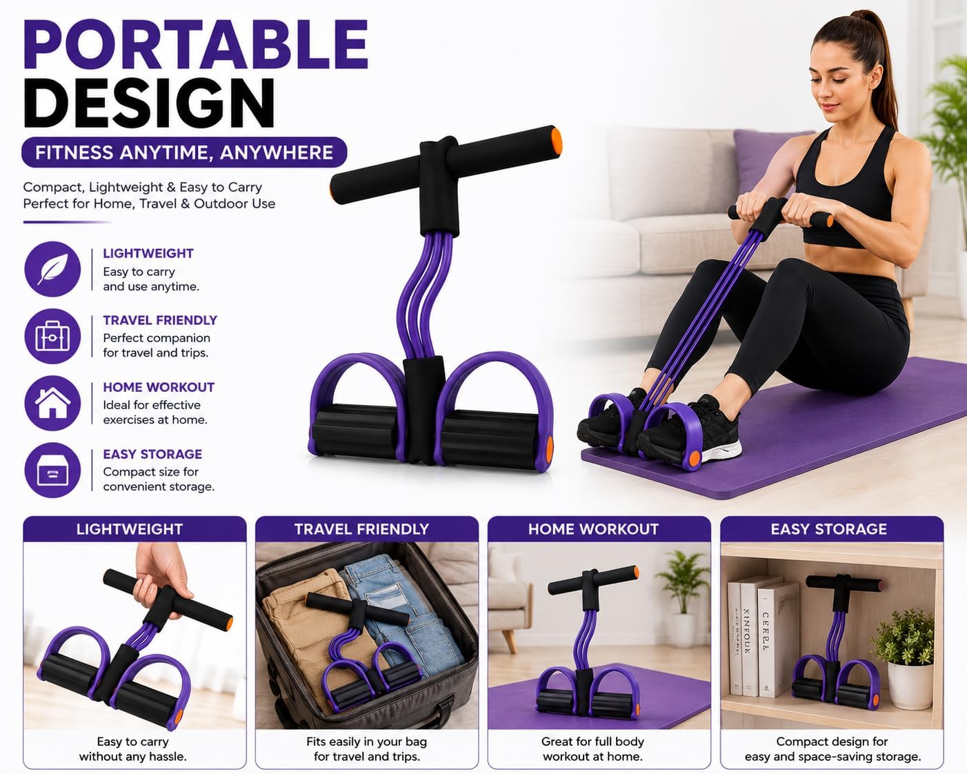 Yoga Pedal Puller Resistance Band with Foot Pedals, 4 Tube Natural Rubber Band for Home Workout Full Body Exercise Equipment for Abs Arms Legs Stretching & Strength Training for Men Women(Multicolor)