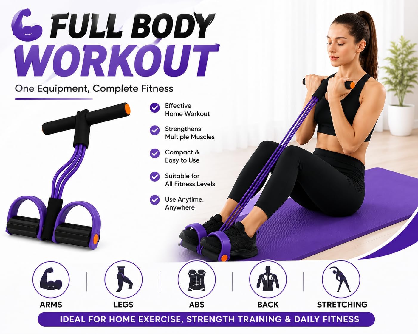 Yoga Pedal Puller Resistance Band with Foot Pedals, 4 Tube Natural Rubber Band for Home Workout Full Body Exercise Equipment for Abs Arms Legs Stretching & Strength Training for Men Women(Multicolor)