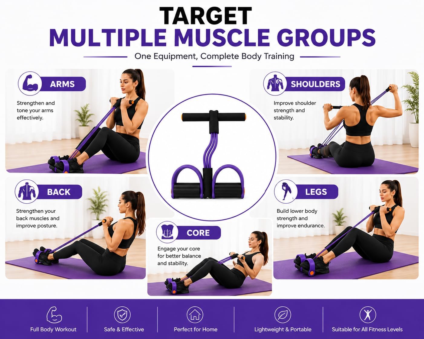 Yoga Pedal Puller Resistance Band with Foot Pedals, 4 Tube Natural Rubber Band for Home Workout Full Body Exercise Equipment for Abs Arms Legs Stretching & Strength Training for Men Women(Multicolor)